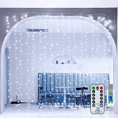 Curtain Lights Christmas Cool White 300 LED 9.8ftx9.8ft,Remote 8 Mode Waterproof - Image 1 of 4