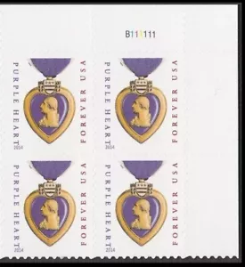 SFSTAMPS US Scott 5035 Purple Heart Medal Plate Block of 4 MNH 2015 MicroPrint - Picture 1 of 1