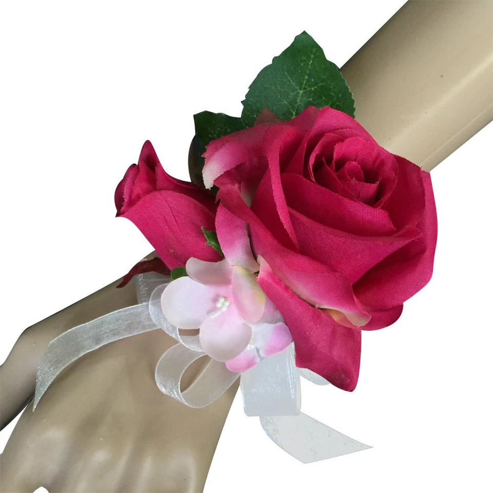 Wrist Corsage - Artificial Rose in Fuchsia Pink with Sheer Ribbon Bow - Image 1 of 1