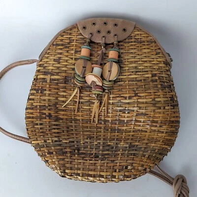 Vtg Rodo Italy Woven Wicker Purse Handbag Bead Tassel Designer Round Shape - Image 1 of 4