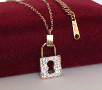 Deluxe Halskette Anhänger Schloss Edelstahl Rolled 18K Roségold Zirkonia Damen - Bild 1 von 4