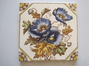 ANTIKE 6" AMBROSE BROOK DRUCK & TÖNUNGSFLIESE UM 1910/12 BLAUE MOHNBLUMEN AB0330/2 - Bild 1 von 2