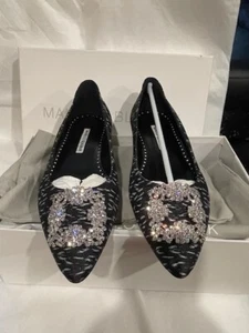 MANOLO BLAHNIK Hangisi Black Jacquard Jewel Buckle Flat size 38 - Picture 1 of 8