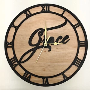 black personalised laser cut wood wooden wall clock door name word number letter - Picture 1 of 6