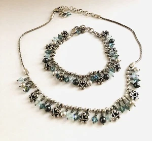 BRIGHTON Cannes Blue Crystal Grey Pearl Dangle Bead Heart Necklace & Bracelet - Picture 1 of 12