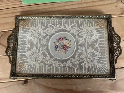 Vintage Embroidered Lace Petit Point Floral Dressing Table Brass & Glass Tray - Image 1 of 3