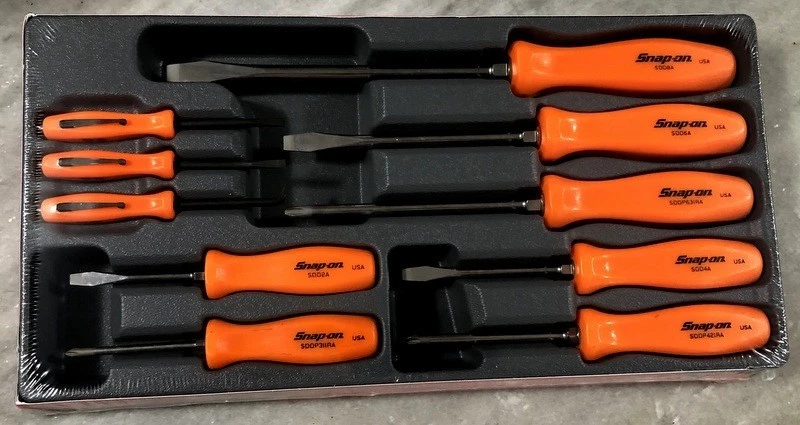 NEW Snap-On ORANGE 10 pc Hard Handle Screwdriver Magnetic Prybar Set SDDDPBX100O - Image 1 of 4