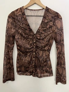 Y2K 90s Boho Indie Groovy Funk Sheer Mesh Paisley Babydoll Top XS Fairy Western - Picture 1 of 13