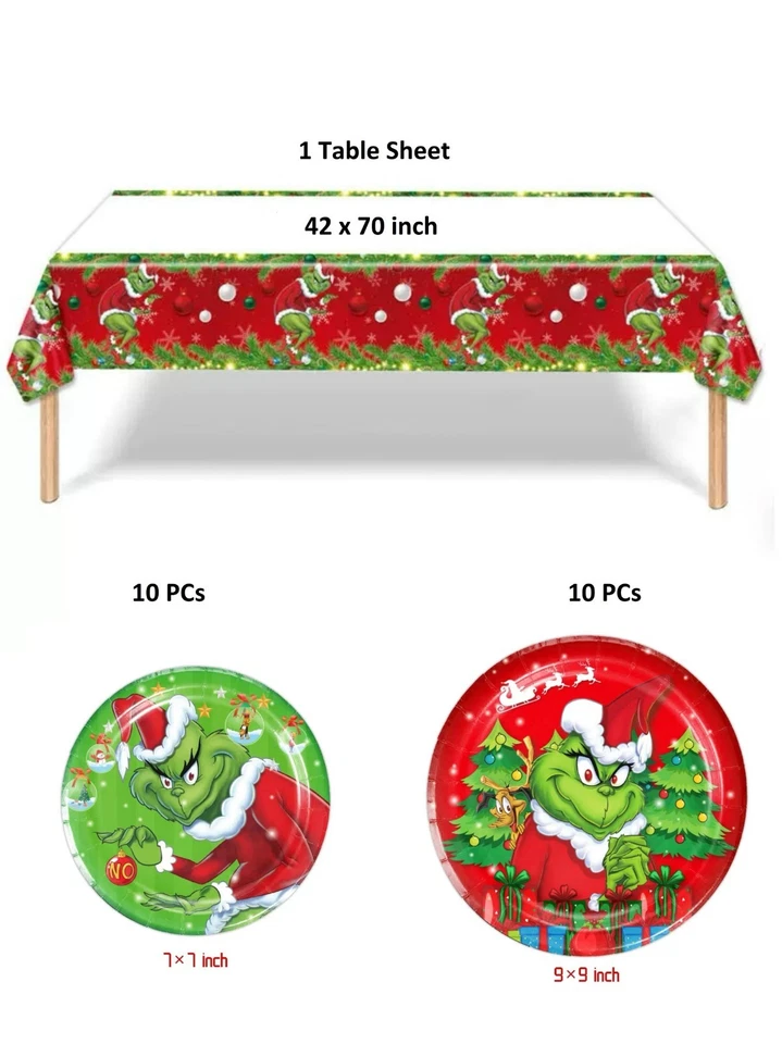 21 suministros de fiesta de Navidad Grinch 10 platos grandes 10 pequeños 1 pancarta Foto 1 de 4