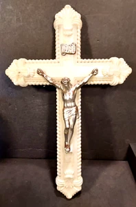 White Ornate Pearlized Plastic Crucifix Wall Decor 12" Tall x 8" Wide Vintage - Picture 1 of 4