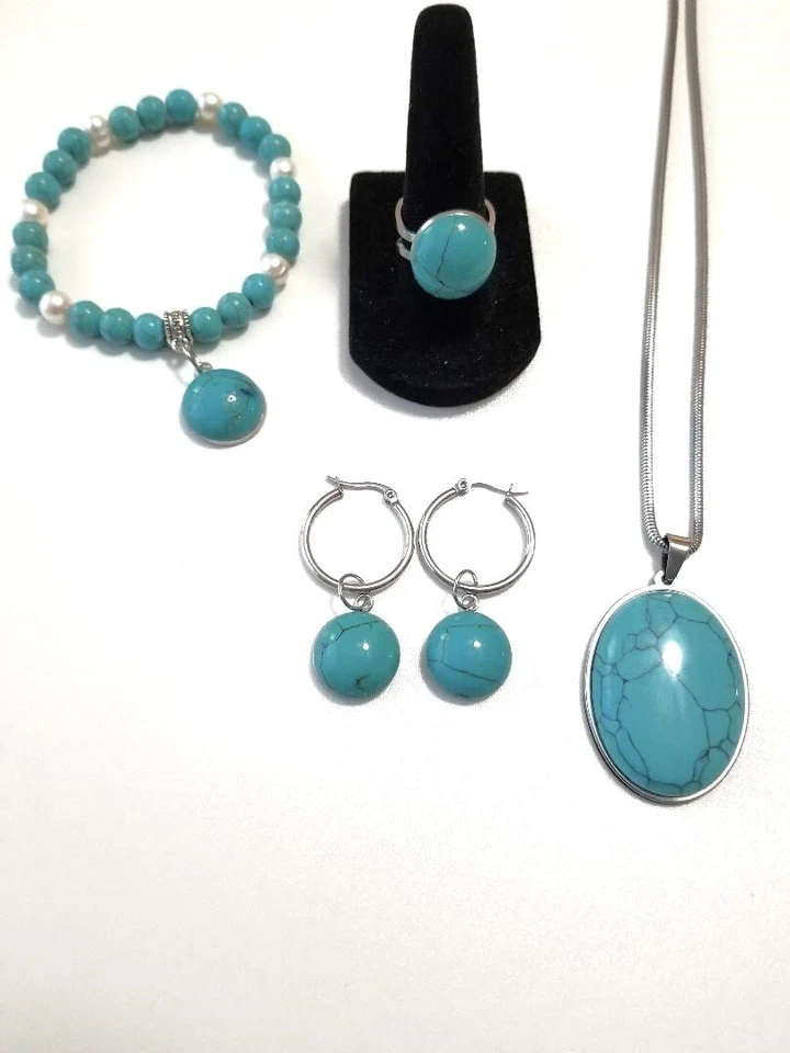 Pulsera Turquesa 6"-7.5" con Colgante, Pendientes y Anillo Todo en Acero Inoxidable Foto 1 de 4