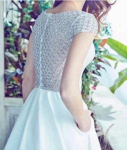 Calla Blanche Wedding Dress 10 Ivory Satin Crystals Plunge Illusion LA7276 $2100 - Picture 1 of 9