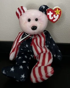 TY Orig Beanie Baby 1999 SPANGLE (rosa Kopf) rot-weiß-blau Sterne/Streifen neu mit Etikett - Bild 1 von 6