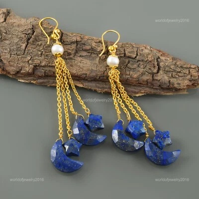 Yellow Gold Vermeil Natural Lapis lazuli Sister Dangling Valentine Gift Earrings - Image 1 of 4