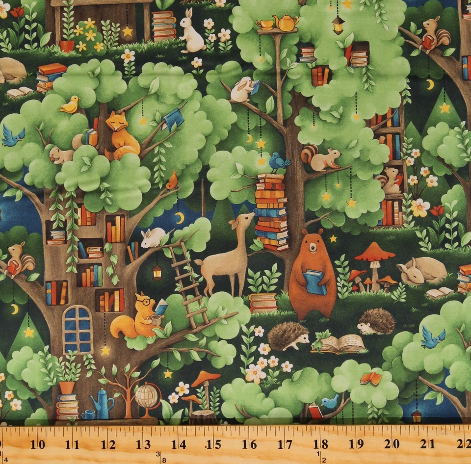 PAINTBRUSH STUDIOS Cotton Woodland Animals Books Library Forest Fabric Print by the Yard D563.56
