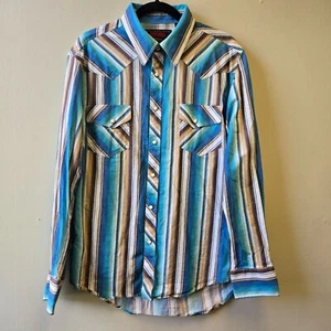 Rock & Roll Denim Pearl Snap Mens Modern Fit Western Striped Button-Down Shirt M - Picture 1 of 9