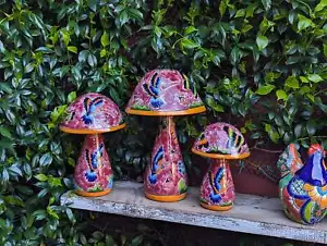 Mushroom Garden Decor & Yard Art is Ceramic Talavera Pottery Showing Hummingbird - Picture 1 of 4