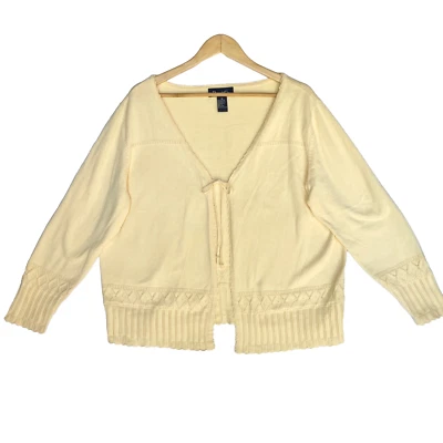 Vintage Denim & Co Cardigan Womens 1X Pale Yellow Boho Tie Front Knit Sweater - Image 1 of 4
