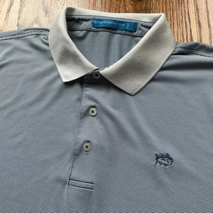 Southern Tide “Tide to Trail” Striped Performance Polo Large Blue White Logo - Picture 1 of 11