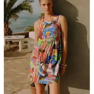 The Art Anthro X Orane Sigal Colorful Cotton Summer Dress Bird Jungle Print SZ S - Picture 1 of 15