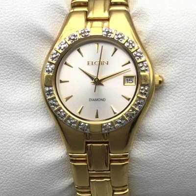 Reloj De Colección Elgin Diamante Mujer 25mm Oro Tono Plata Fecha Batería Nueva 6.25" Foto 1 de 4
