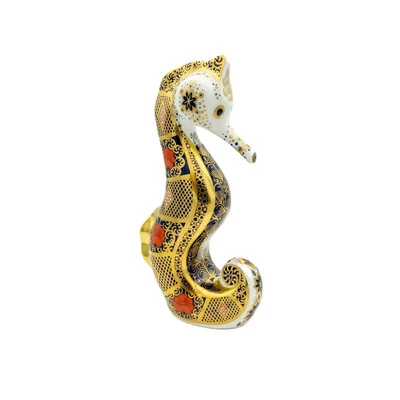CHARTERWELLS Royal Crown Derby Imari Solid Gold Band Seahorse Paperweight