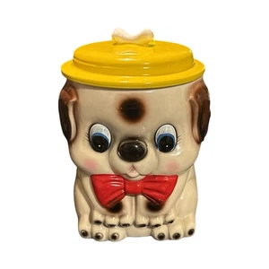 Vintage Welpe Hund Keksdose gelber Deckel rote Schleife Keramik Doggy Leckerli Dose - Bild 1 von 9