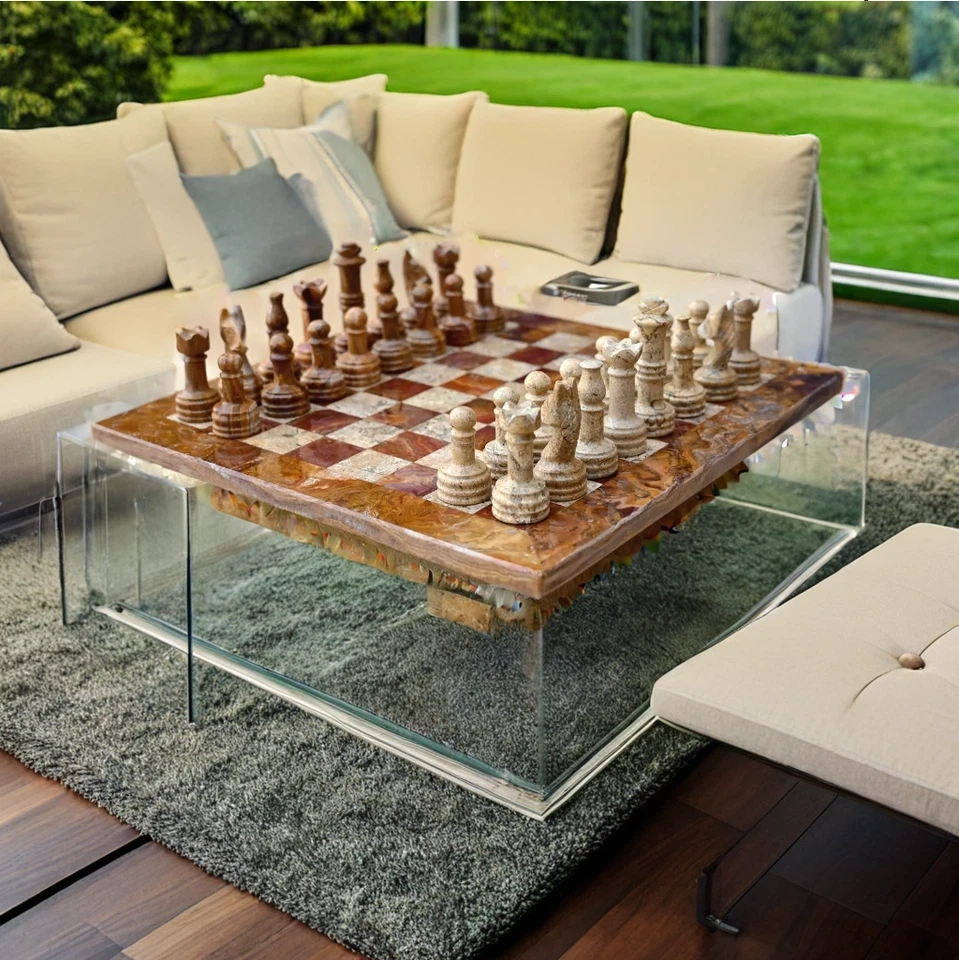 Ensemble échiquier fait main en marbre rouge et onyx + pierre de corail 30 cm - Photo 1/4