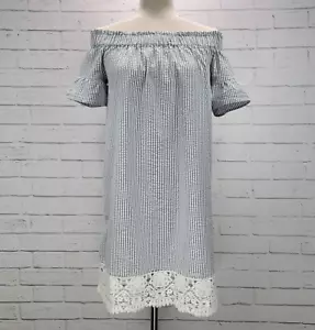 Ann Taylor LOFT Beach Seersucker Off The Shoulder Dress Size S Blue White Stripe - Imagen 1 de 11