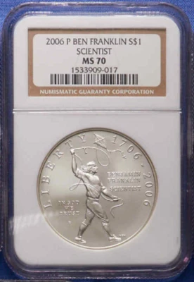 :2006-P S1$ Ben Franklin Scientist Commemorative Silver Dollar NGC MS 70 Top Pop - Image 1 of 2