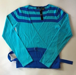 NWT Girls R U B Z Turquoise and Blue Striped Wrap Front-Belted Sweater-Sz L - Picture 1 of 2