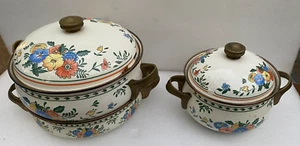 VIntage M Kamenstein Enamel Cookware Double Boiler w/Brass Handles - Picture 1 of 5