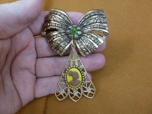 CA30-2) RARE African American LADY yellow brown CAMEO brass bow drop Pin brooch - Picture 1 of 2