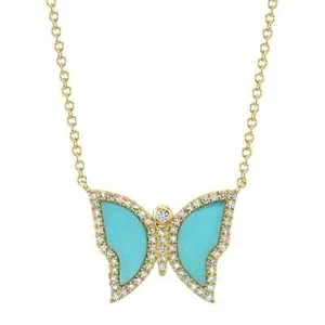 Turquoise Diamond Butterfly Necklace 14K Yellow Gold 1.03 TCW Pendant - Picture 1 of 6
