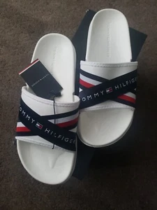 NUEVO EN CAJA Blanco Tommy Hilfiger Splash Cross Over Deslizador Icono a Rayas Logotipo Talla 5.5-6.5 - Imagen 1 de 6