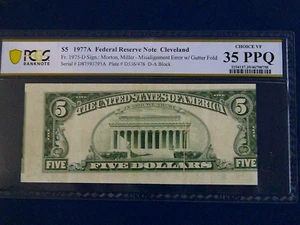 $5 1977 A Federal R. N. Misalignment Error And Cutter Fold. Choice VF PPQ 35 - Picture 1 of 14