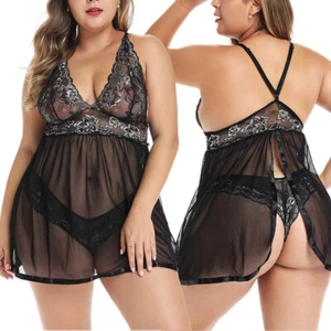 Black Women Sexy-Lingerie Lace See Through Babydoll Nightie Sleepwear Pantie XXL - Picture 1 of 7