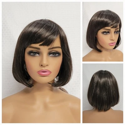 💕 STRAIGH SHORT BOB BANG WIG BLACK GRAY DAILY RETRO FASHION LIGHT-WEIGHT SEPIA - Image 1 of 4
