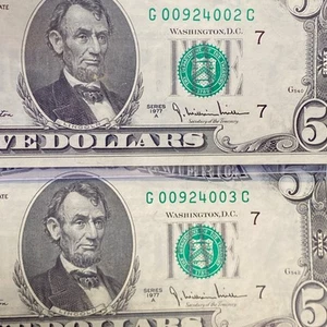 $5 1977-A Federal Reserve Notes (2) Consecutive UNC - Picture 1 of 5