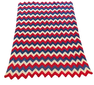 Hand Crochet Afghan Throw Blanket Made In USA Red White Blue Chevron 71” X 54” - Picture 1 of 3