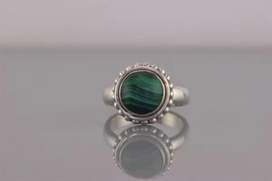 Sterling Silver Dotted Bezel Green Malachite Solid Band Ring 925 Sz: 8 - Picture 1 of 8