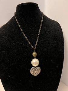 Pearl And Scoll Filigree Heart Pendant Chain Link Necklace 21” - Picture 1 of 2