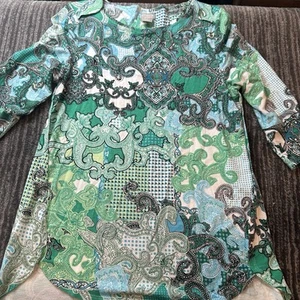 Chico's Shirt Womens Petite Medium (1P) Green Blue Paisley Stretch Summer Top - Picture 1 of 16