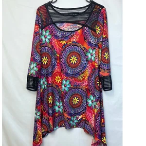 Tunica Calessa donna Med rosso/nero manica 3/4 floreale hippie chic stampa boho - Foto 1 di 8