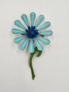 Vintage 3" Shades of Blue Enamel Metal MOD Daisy Brooch 1960's - Picture 1 of 7