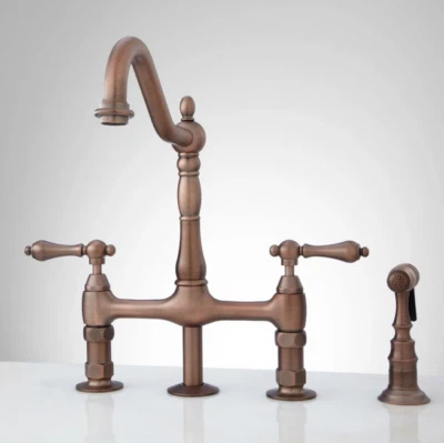 SIGNATURE HARDWARE BELLEVUE BRIDGE KITCHEN FAUCET WITH BRASS SPRAYER -LEVER HANDLES-RUBBED BRONZE