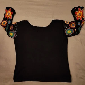 Vintage Joseph A Granny Square Häkel Seide 3/4 Ärmel Top Gr. L schwarz Y2K - Bild 1 von 11