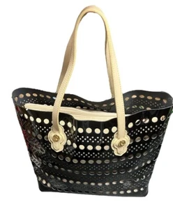 DISCONTIN SPARTINA BLACK DOTTED LASER CUT SHOULDER BAG BLACK W NAT LINEN INSERT - Picture 1 of 8