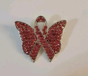 Breast Cancer Awareness Butterfly Ribbon Brooch Pink Crystals Silvertone - Bild 1 von 5