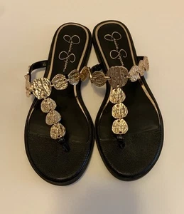 Jessica Simpson flache Sandalen schwarz mit Goldakzenten Größe 9 - Bild 1 von 3